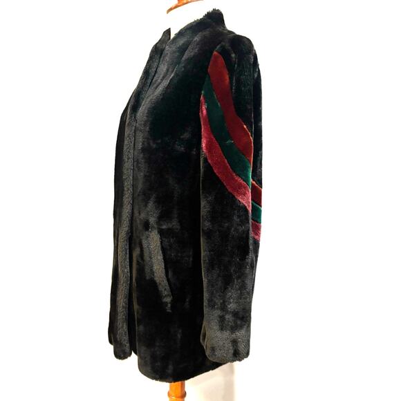 Vintage 80s Borgazia Black Faux Fur Coat Red Green Stripe, Size 13/14 - Picture 3 of 8